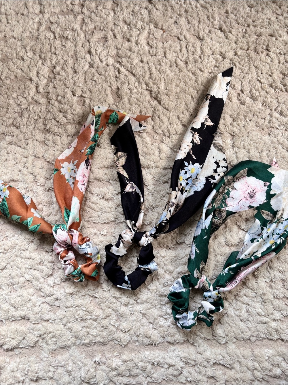 Floral Satin Scrunchie with Bow Tie Accent - Black, Green & copper